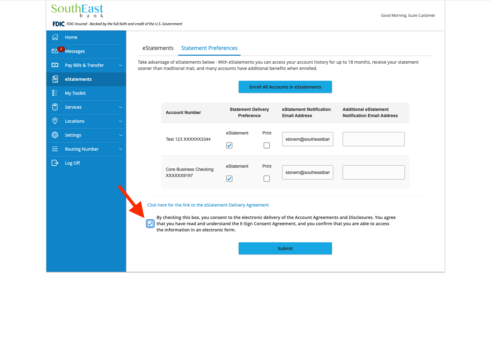 enroll in estatements consent box screenshot southeast bank